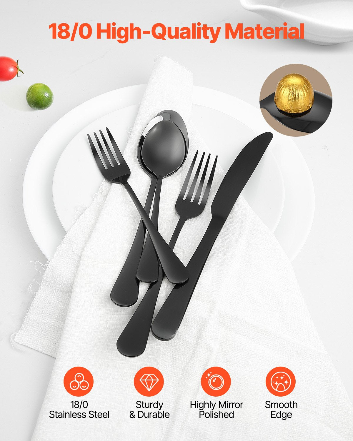 VEVOR 30-Piece Black Silverware Set, Food-Grade Stainless Steel Flatware Utensils for 6, Mirror Finished Cutlery Set, Dishwasher Safe Eating Tableware for Kitchen Home, Include Knife Fork Spoon