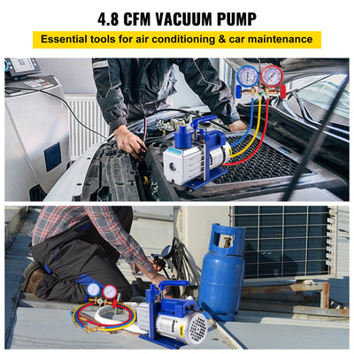 VEVOR Vacuum Pump 4.8CFM 1/3HP Air Vacuum Pump HVAC A/C Air Refrigerant Rotary Vane Vacuum Pump Single Stage 4 Valve AC Manifold Gauge Set (4.8CFM1/