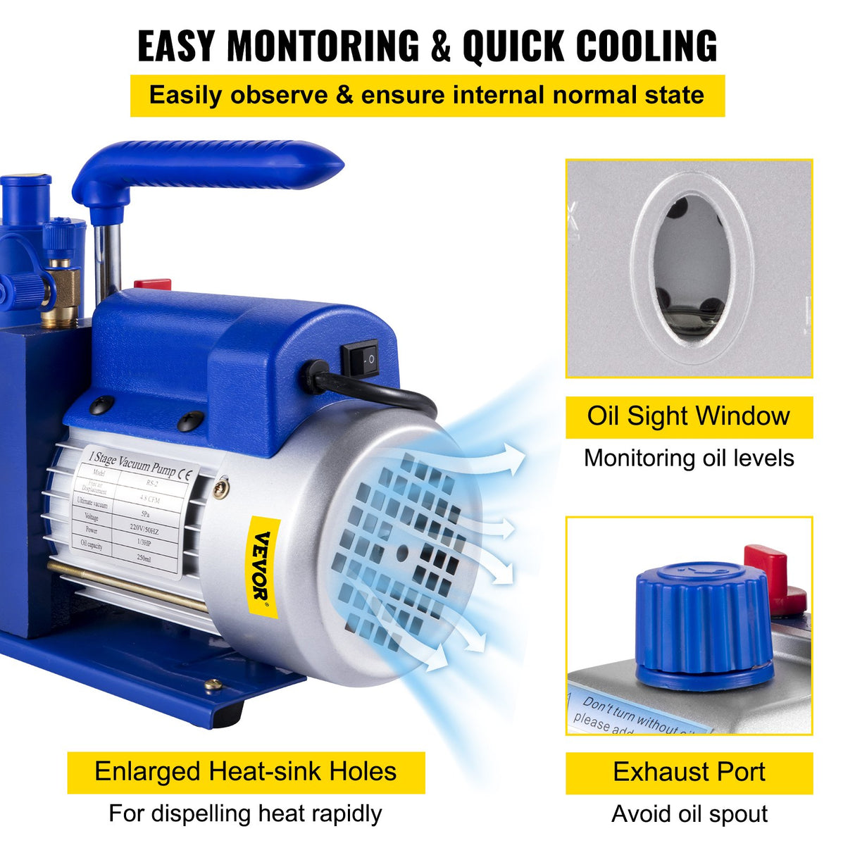 VEVOR Vacuum Pump 4.8CFM 1/3HP Air Vacuum Pump HVAC A/C Air Refrigerant Rotary Vane Vacuum Pump Single Stage 4 Valve AC Manifold Gauge Set (4.8CFM1/3HP)