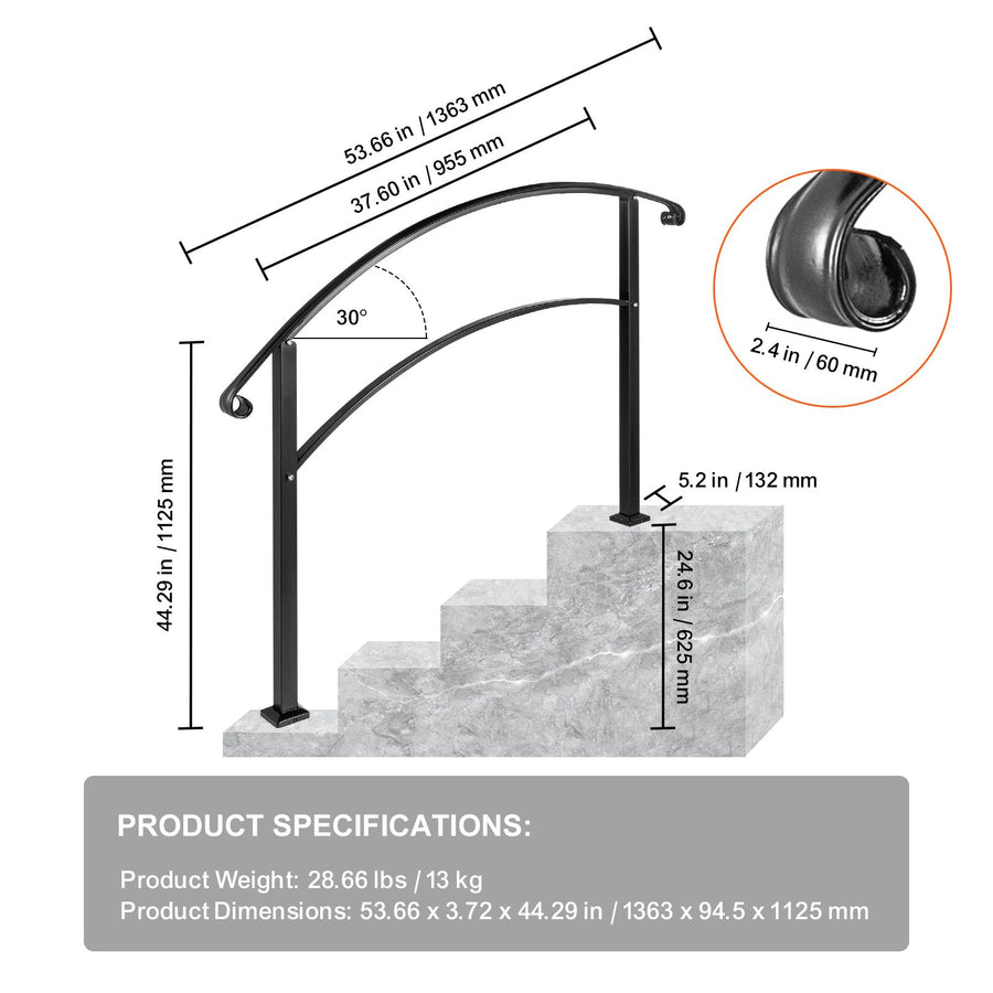 4-Step Handrail Fits 1 or 4 Steps Matte Black Stair Rail Wrought Iron Handrail with Installation Kit Hand Rails for Outdoor Steps