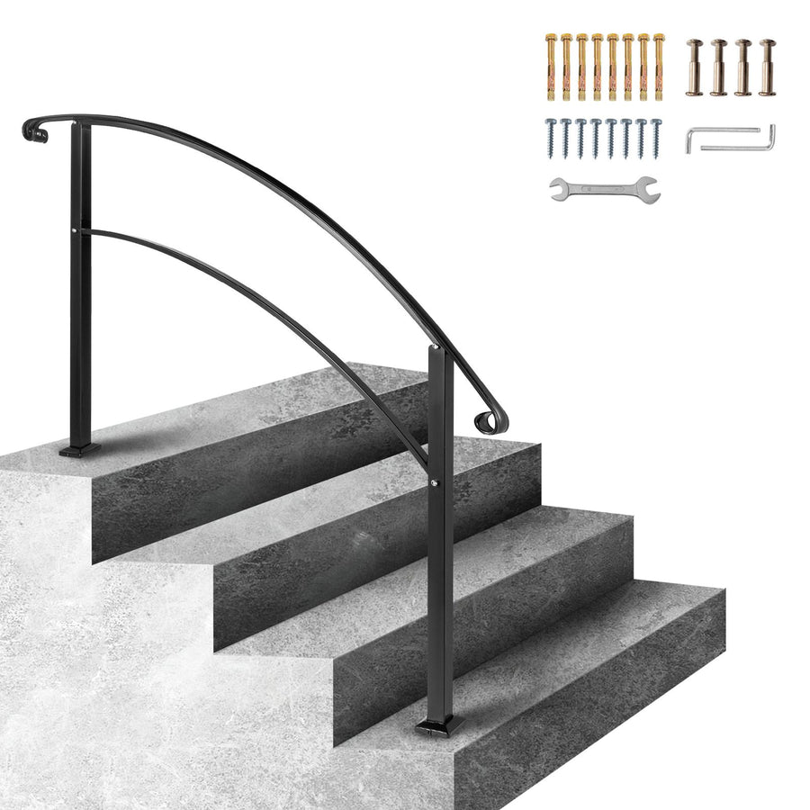 4-Step Handrail Fits 1 or 4 Steps Matte Black Stair Rail Wrought Iron Handrail with Installation Kit Hand Rails for Outdoor Steps