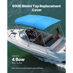 4 Bow Boat Bimini Tops, 600D Polyester Canopy, Waterproof & Sun Protection Boat Awning Canopy with Storage Bag, Bimini Top Replacement, 96"Lx(91"-96")W, Pacific Blue (Support Frame Not Included)