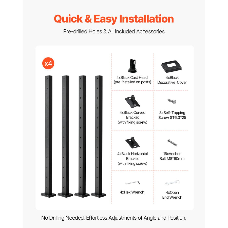 4-Pack Cable Railing Post, 1067x25x50 mm Horizontal-Hole Deck Railing Post with Pre-Drilled Holes, Stainless Steel Cable Rail Post with Horizontal and Curved Bracket, Black, 4JZLGZXHS106REP67001V0