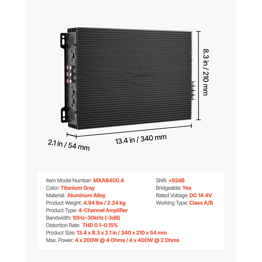 Car Audio Amplifier, 4-Channel Bridgeable Car Amplifier, Multichannel Class AB Stereo Amp, Max. 4 x 200W at 4 Ohms / 4 x 400W at 2 Ohms, High Output, for SUVs, Pickups, and Off-Road Vehicles