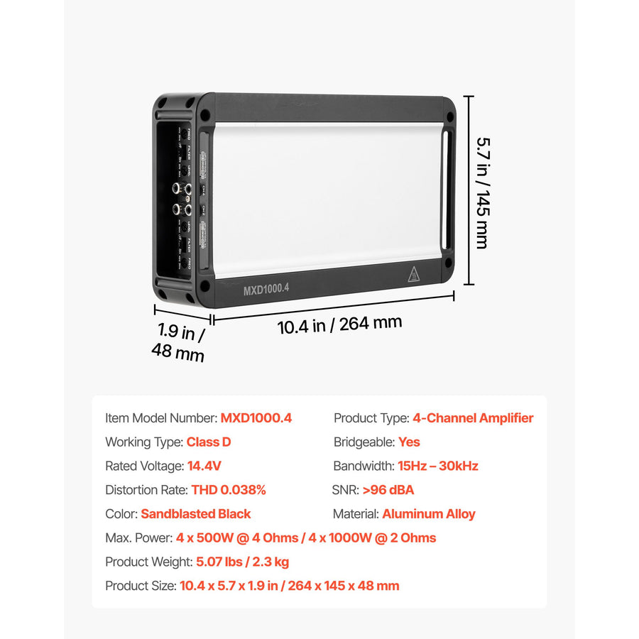 Car Audio Amplifier, 4-Channel Bridgeable Car Amplifier, Multichannel Class D Stereo Amp, Max. 4 x 500W at 4 Ohms / 4 x 1000W at 2 Ohms, High Output, for SUVs, Pickups, and Off-Road Vehicles