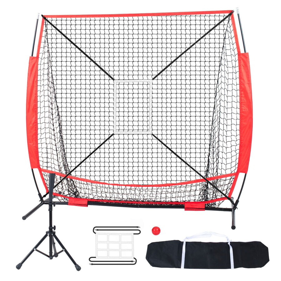 5x5 Baseball Softball Practice Net, Portable Baseball Training Net for Hitting Batting Catching Pitching, Backstop Baseball Equipment with Bow Frame, Carry Bag, Strike Zone, Ball, Batting Tee