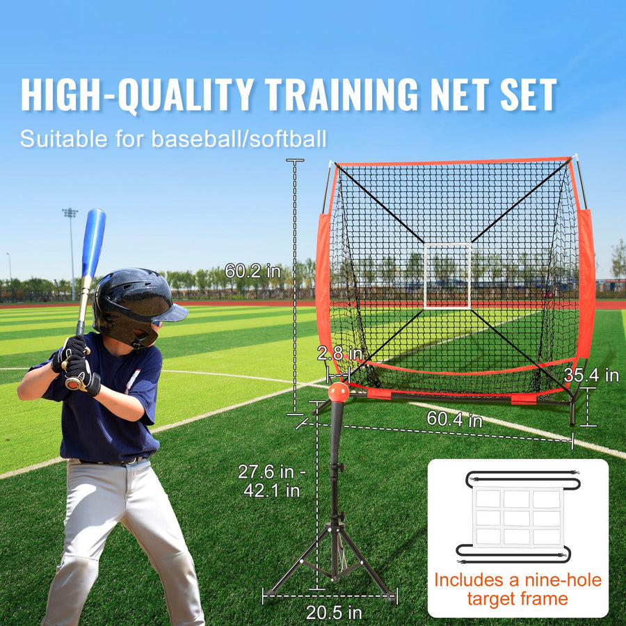 5x5 Baseball Softball Practice Net, Portable Baseball Training Net for Hitting Batting Catching Pitching, Backstop Baseball Equipment with Bow Frame, Carry Bag, Strike Zone, Ball, Batting Tee