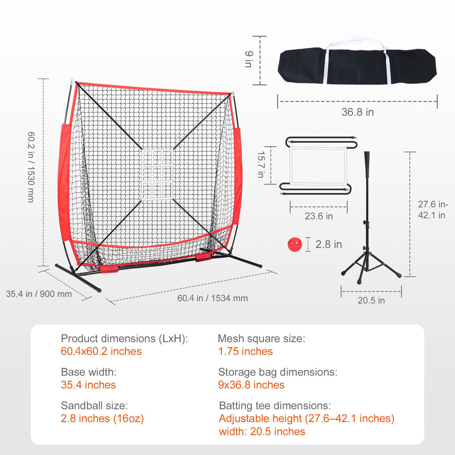 5x5 Baseball Softball Practice Net, Portable Baseball Training Net for Hitting Batting Catching Pitching, Backstop Baseball Equipment with Bow Frame, Carry Bag, Strike Zone, Ball, Batting Tee