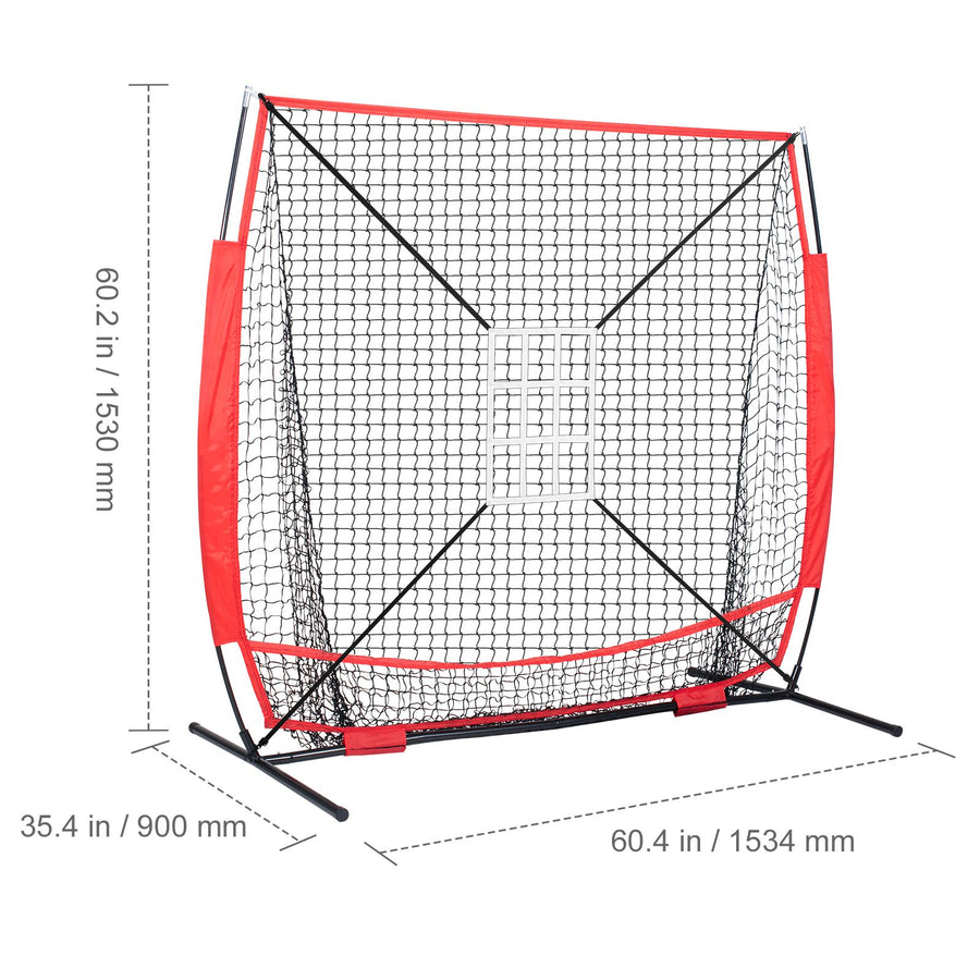 5x5 Baseball Softball Practice Net, Portable Baseball Training Net for Hitting Batting Catching Pitching, Backstop Baseball Equipment with Bow Frame, Carry Bag, Strike Zone, Ball, Batting Tee