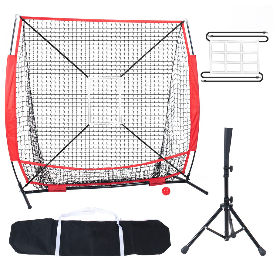 5x5 Baseball Softball Practice Net, Portable Baseball Training Net for Hitting Batting Catching Pitching, Backstop Baseball Equipment with Bow Frame, Carry Bag, Strike Zone, Ball, Batting Tee