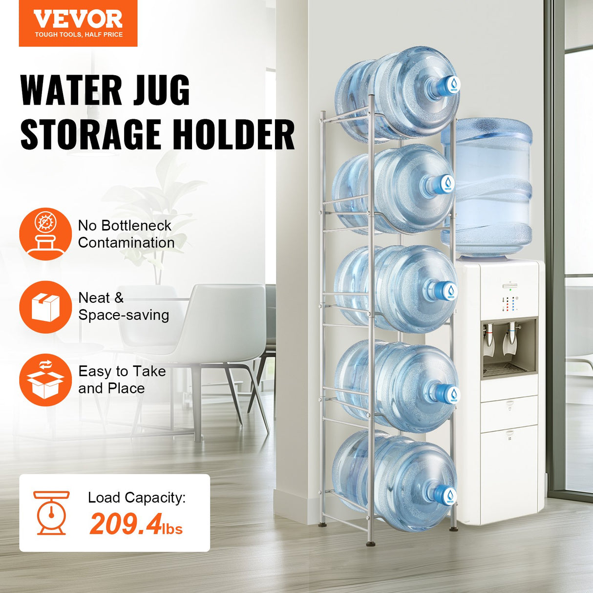 5 Tiers Water Jug Holder, 5 Gallon Water Bottle Holder, Single Row Water Bottle Rack for 5 Bottles, Heavy Duty Water Jug Rack for Kitchen, Office, Living Room, Silver