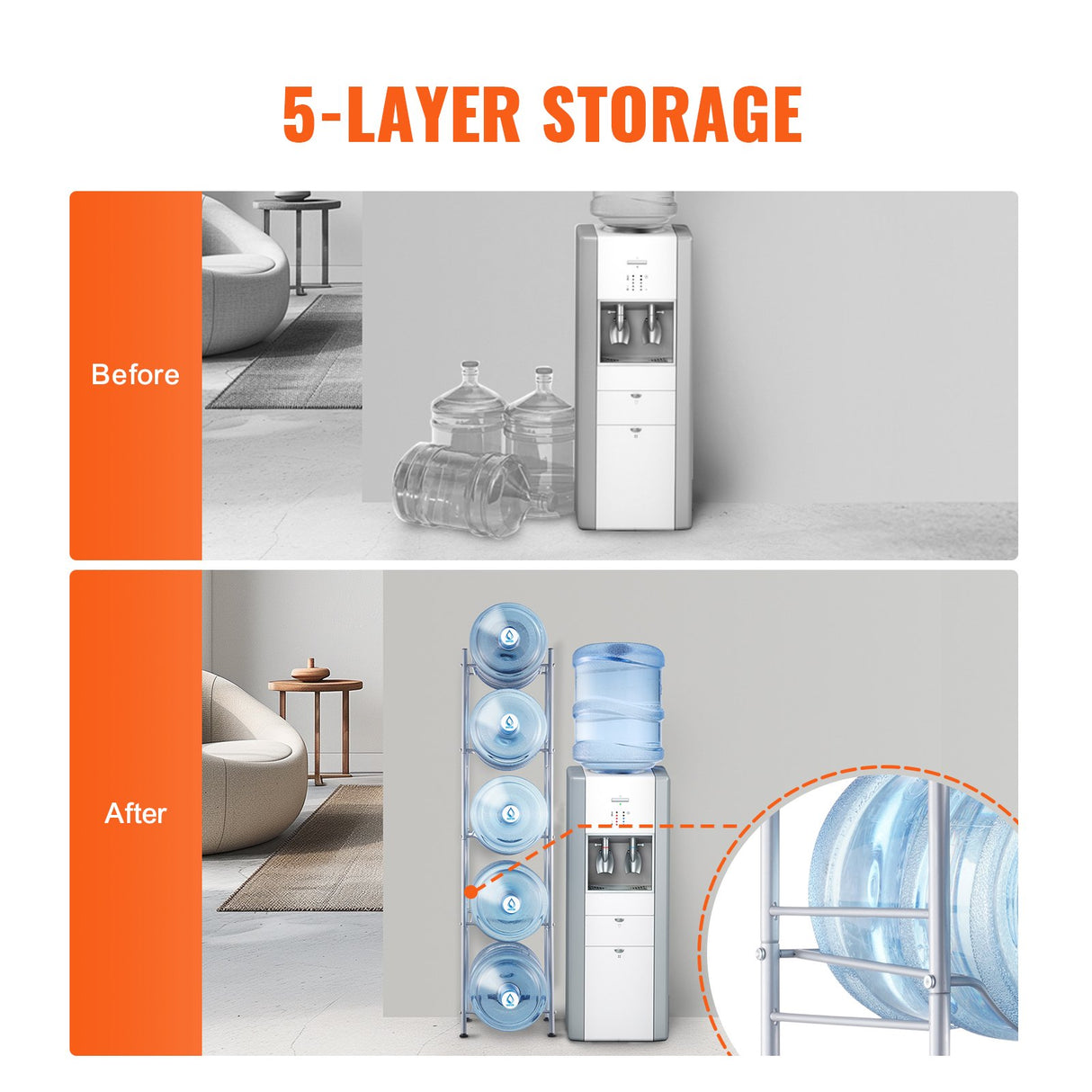 5 Tiers Water Jug Holder, 5 Gallon Water Bottle Holder, Single Row Water Bottle Rack for 5 Bottles, Heavy Duty Water Jug Rack for Kitchen, Office, Living Room, Silver