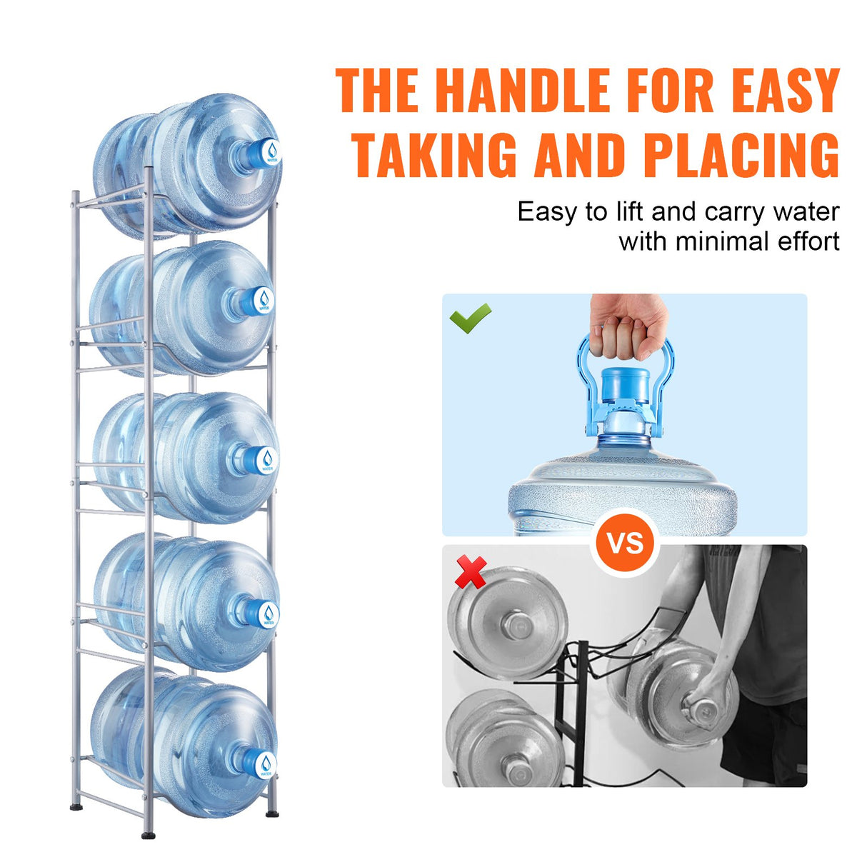 5 Tiers Water Jug Holder, 5 Gallon Water Bottle Holder, Single Row Water Bottle Rack for 5 Bottles, Heavy Duty Water Jug Rack for Kitchen, Office, Living Room, Silver