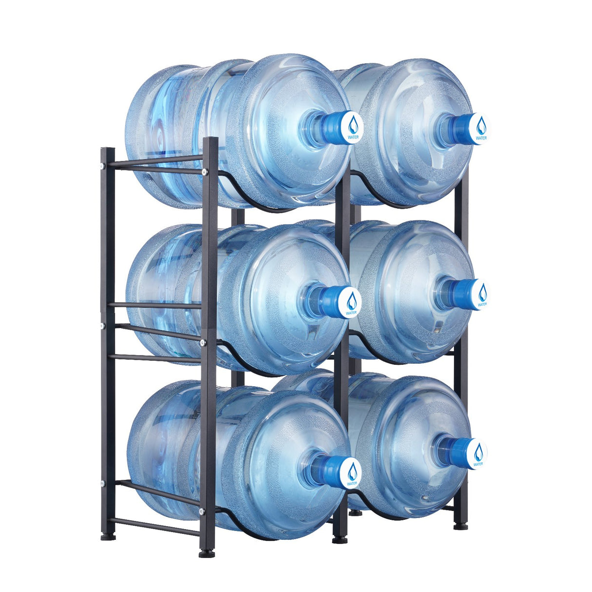 3 Tiers Water Jug Holder, 5 Gallon Water Bottle Holder, Double Row Water Bottle Rack for 6 Bottles, Heavy Duty Water Jug Rack for Kitchen, Office, Living Room, Black