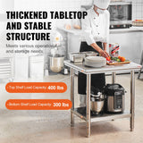 VEVOR Commercial Worktable & Workstation 24 x 30 x 32 Inch Stainless Steel Work Table Heavy Duty Commercial Food Prep Work Table for Home, Kitchen, Restaurant Metal Prep Table with Adjustable Feet - Side View
