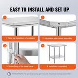 VEVOR Commercial Worktable & Workstation 24 x 30 x 32 Inch Stainless Steel Work Table Heavy Duty Commercial Food Prep Work Table for Home, Kitchen, Restaurant Metal Prep Table with Adjustable Feet - Rear View