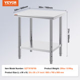 VEVOR Commercial Worktable & Workstation 24 x 30 x 32 Inch Stainless Steel Work Table Heavy Duty Commercial Food Prep Work Table for Home, Kitchen, Restaurant Metal Prep Table with Adjustable Feet - Close-Up Angle