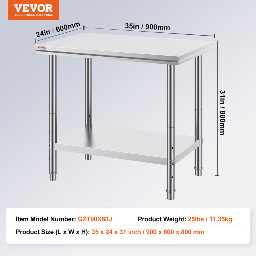 VEVOR 910x610mm Stainless Steel Kitchen Bench Commercial Work Food Prep Table, image 7
