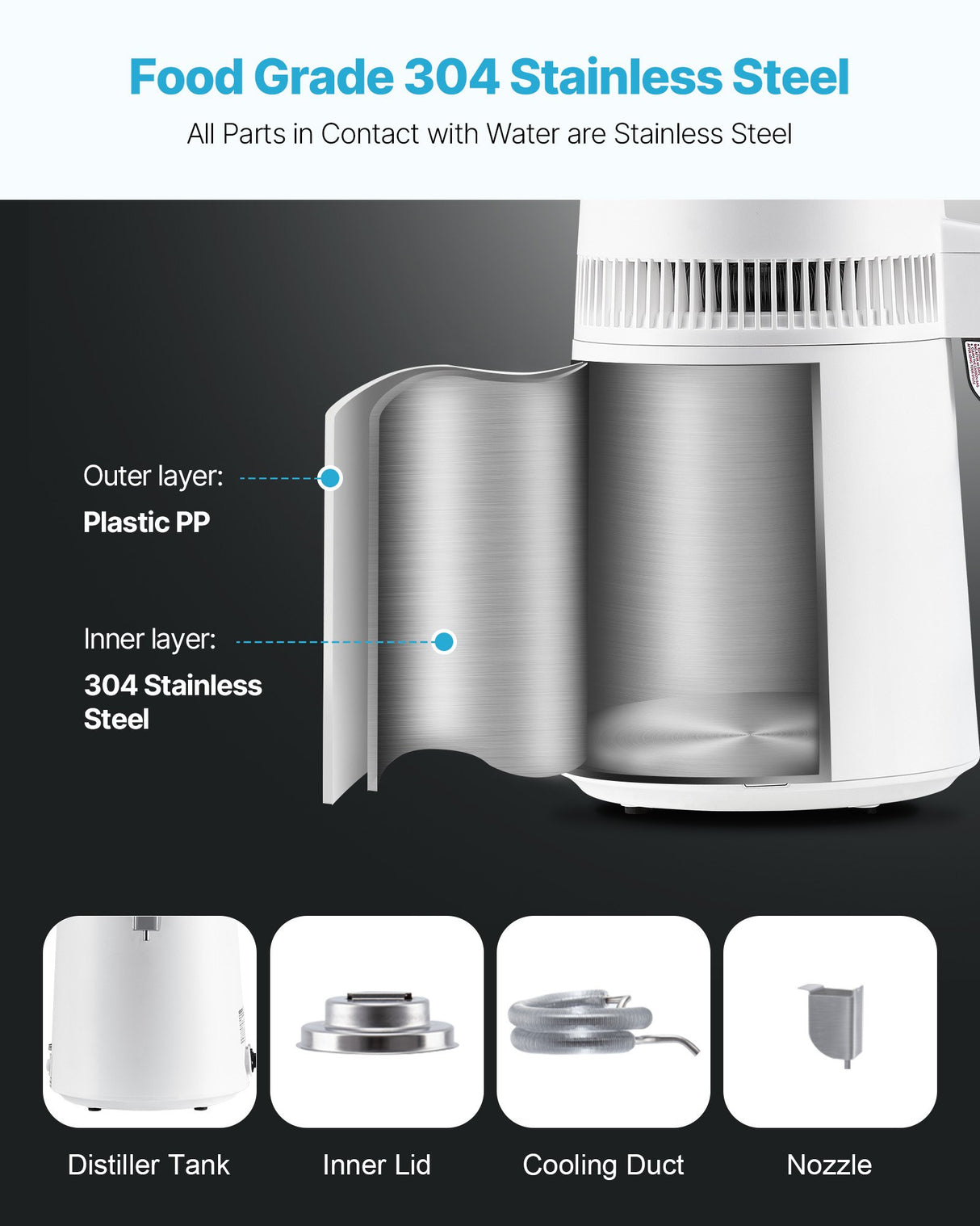VEVOR 6L Water Distiller Home Countertop Purifier Machine 900W Plastic Container