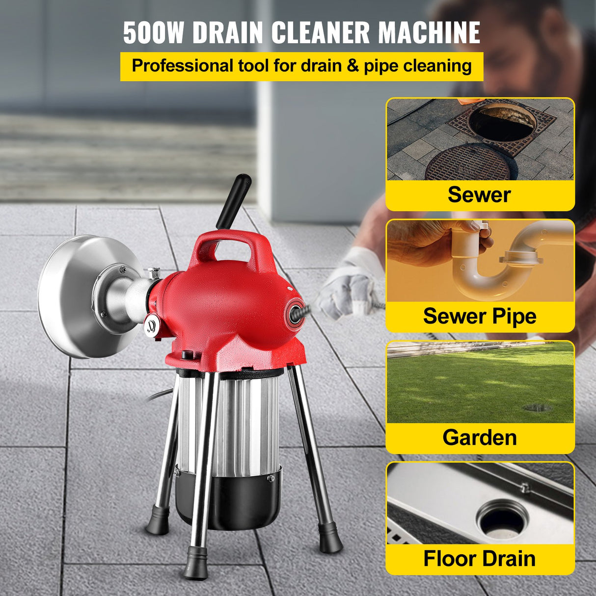 VEVOR 0.75-4 Inch Sectional Pipe Drain Cleaning Machine 400PRM Snake Cleaner Pipe Drain Cleaning Machine with 66 Ft x 0.67 Inch Galvanize Cable Heavy