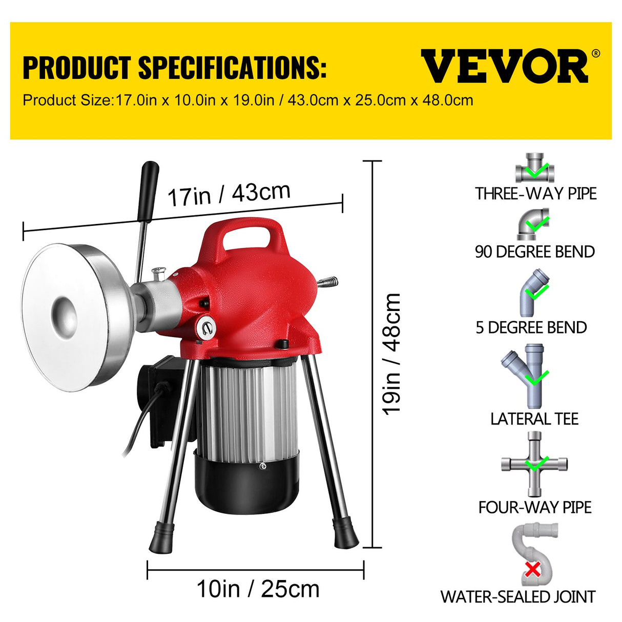 VEVOR 0.75-4 Inch Sectional Pipe Drain Cleaning Machine 400PRM Snake Cleaner Pipe Drain Cleaning Machine with 66 Ft x 0.67 Inch Galvanize Cable Heavy