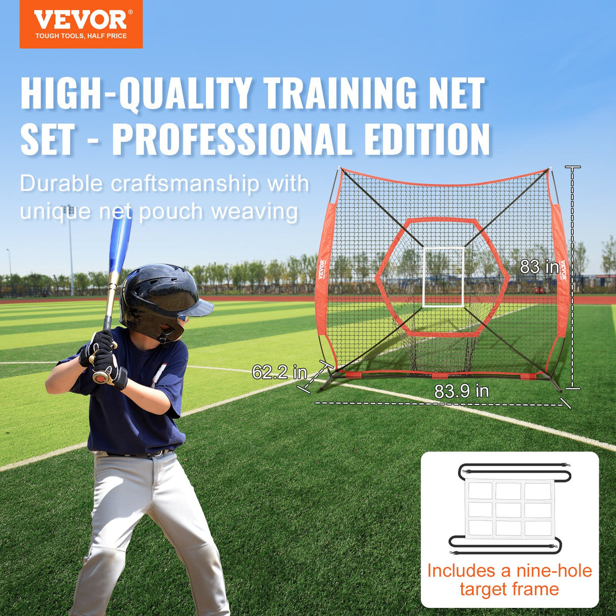 VEVOR 7x7 ft Baseball Softball Practice Net, Portable Baseball Training Net for Hitting Batting Catching Pitching, Backstop Baseball Equipment