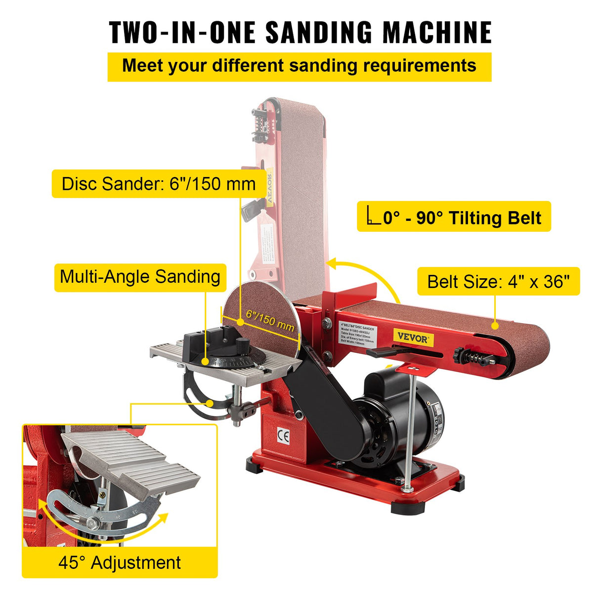 VEVOR Belt Sander 4" x 36", Disc Combo Sander 6",Electric Adjustable Bench Belt Sander 375W,Grinder