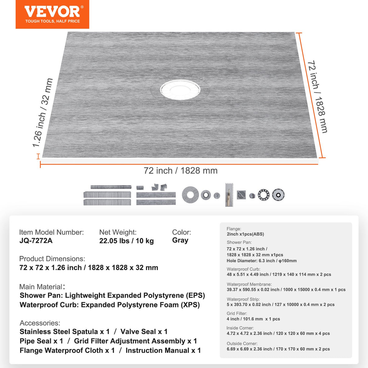 VEVOR Shower Curb Kit, 1828x1828mm, 72"x72" Shower Pan Kit with 50.8mm ABS Central Flange, 101.6mm Stainless Steel Grate, Waterproof Shower Curb &