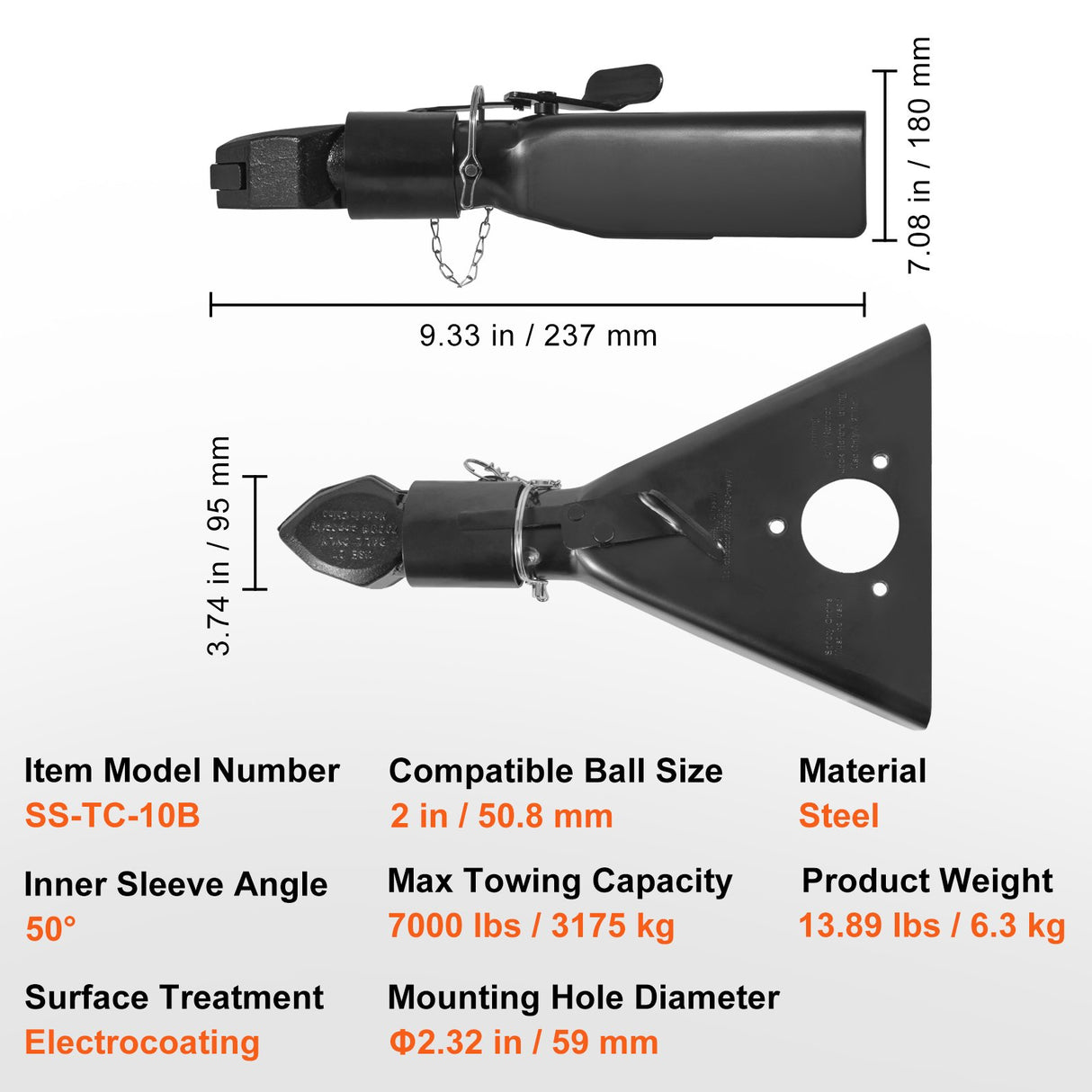 VEVOR A-Frame Trailer Coupler, Fits 2-Inch Hitch Ball Size, 7000 lbs Towing Capacity, Heavy Duty Steel Coupler, Ideal for Towing Station Wagons, Pickup Trucks, SUVs, Campers, Black Coating Surface