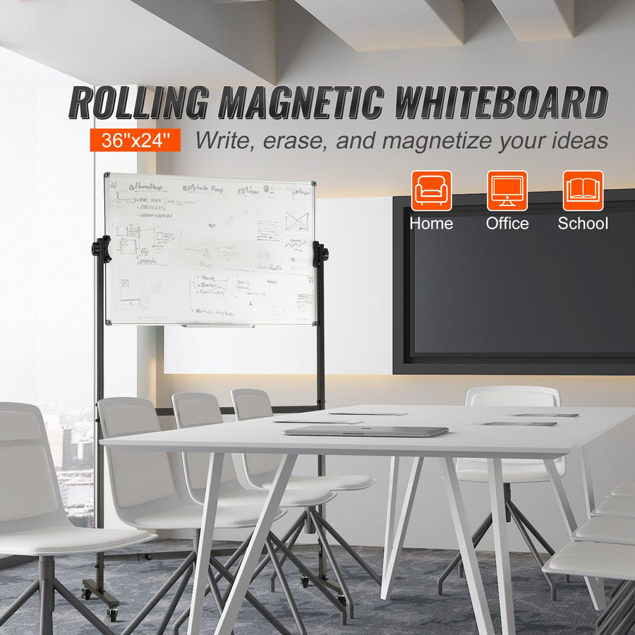 91.5x61cm Rolling Magnetic Whiteboard, Double-sided Mobile Whiteboard, Adjustable Height Dry Erase Board with Wheels, 1 Magnetic Erase & 3 Dry Erase Markers & Movable Tray Office, School