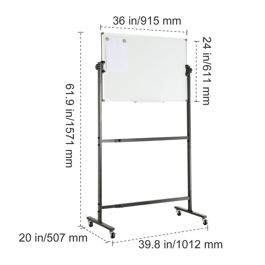 91.5x61cm Rolling Magnetic Whiteboard, Double-sided Mobile Whiteboard, Adjustable Height Dry Erase Board with Wheels, 1 Magnetic Erase & 3 Dry Erase Markers & Movable Tray Office, School