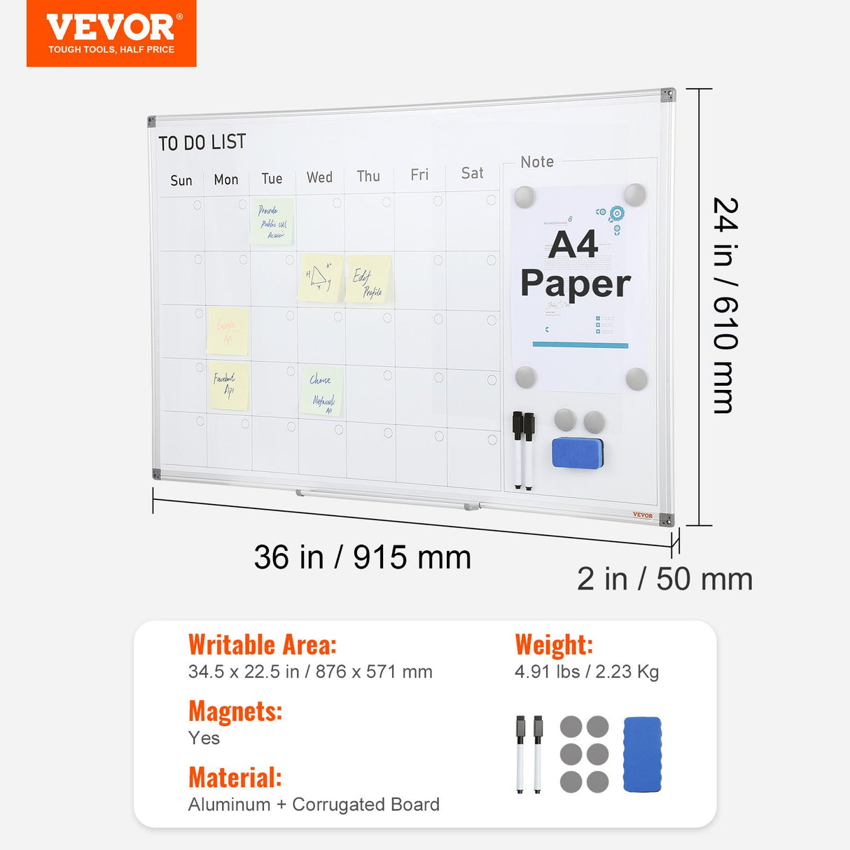 Magnetic Whiteboard Dry Erase Board 36" x 24" Wall Mounted for Office