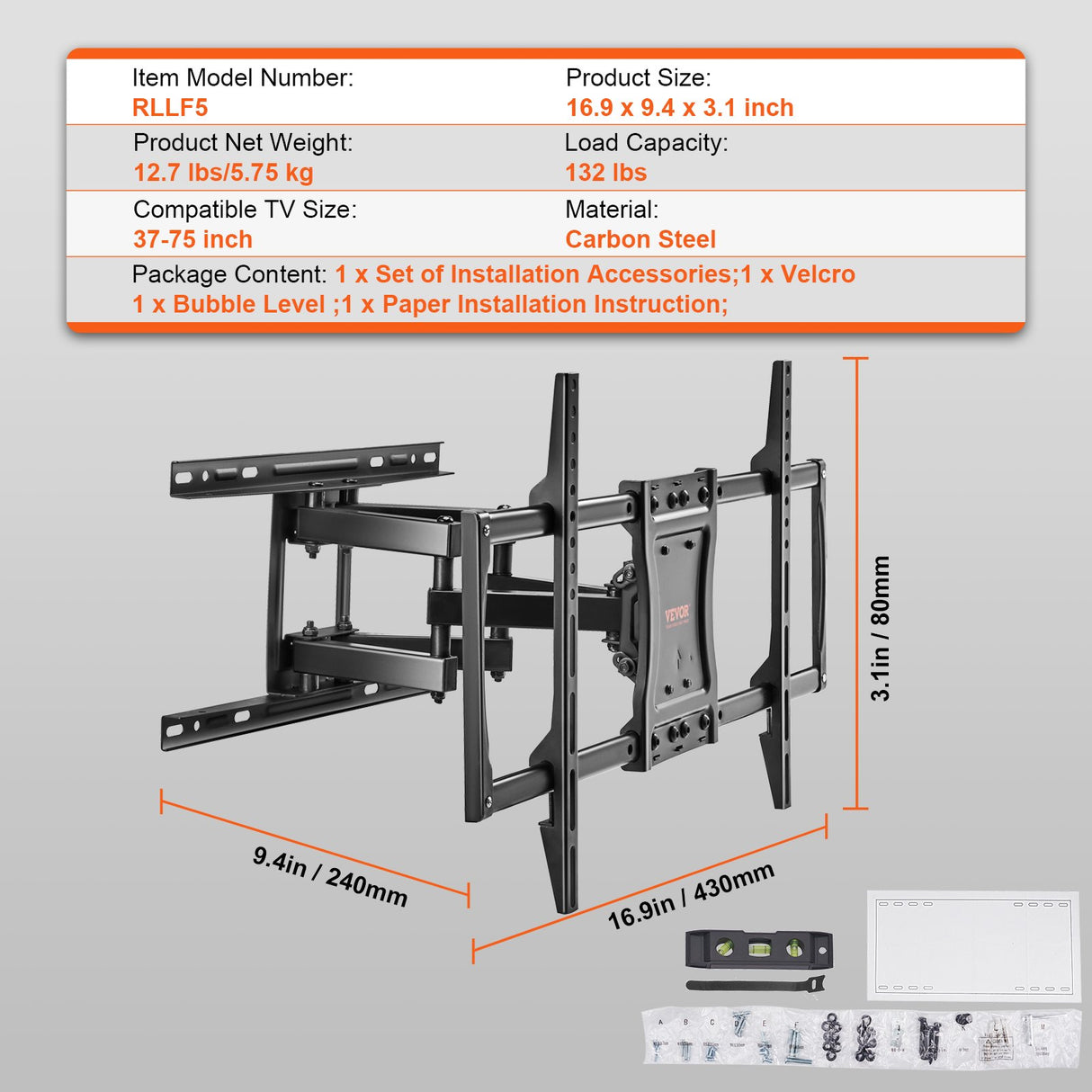 VEVOR Full Motion TV Mount Fits for Most 37-75 inch TVs, Swivel Tilt Horizontal Adjustment TV Wall Mount Bracket with 4 Articulating Arms, Max VESA
