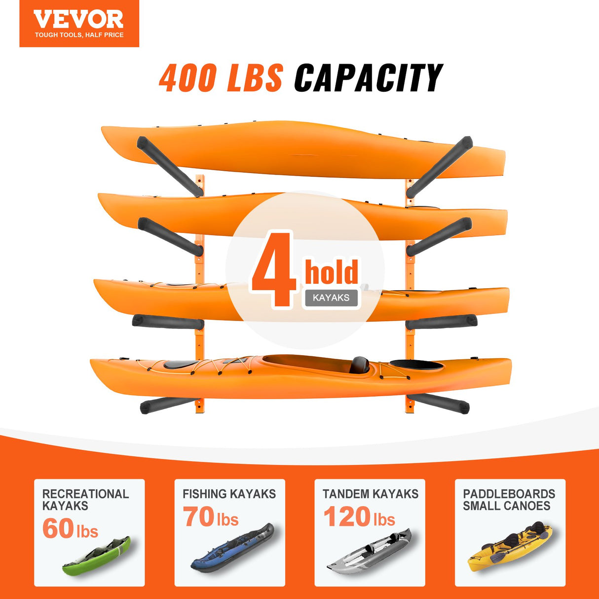 VEVOR Wall Kayak Storage Rack, 4-Capacity Wall Mounted Kayak Holders for Kayak Canoe Paddle Board, Kayak Storage Hooks with Adjustable Padded Arms,