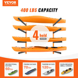 VEVOR Wall Kayak Storage Rack, 4-Capacity Wall Mounted Kayak Holders for Kayak Canoe Paddle Board, Kayak Storage Hooks with Adjustable Padded Arms, 181.6 KG Load Kayak Hanger for Indoor Outdoor Garage - Front View