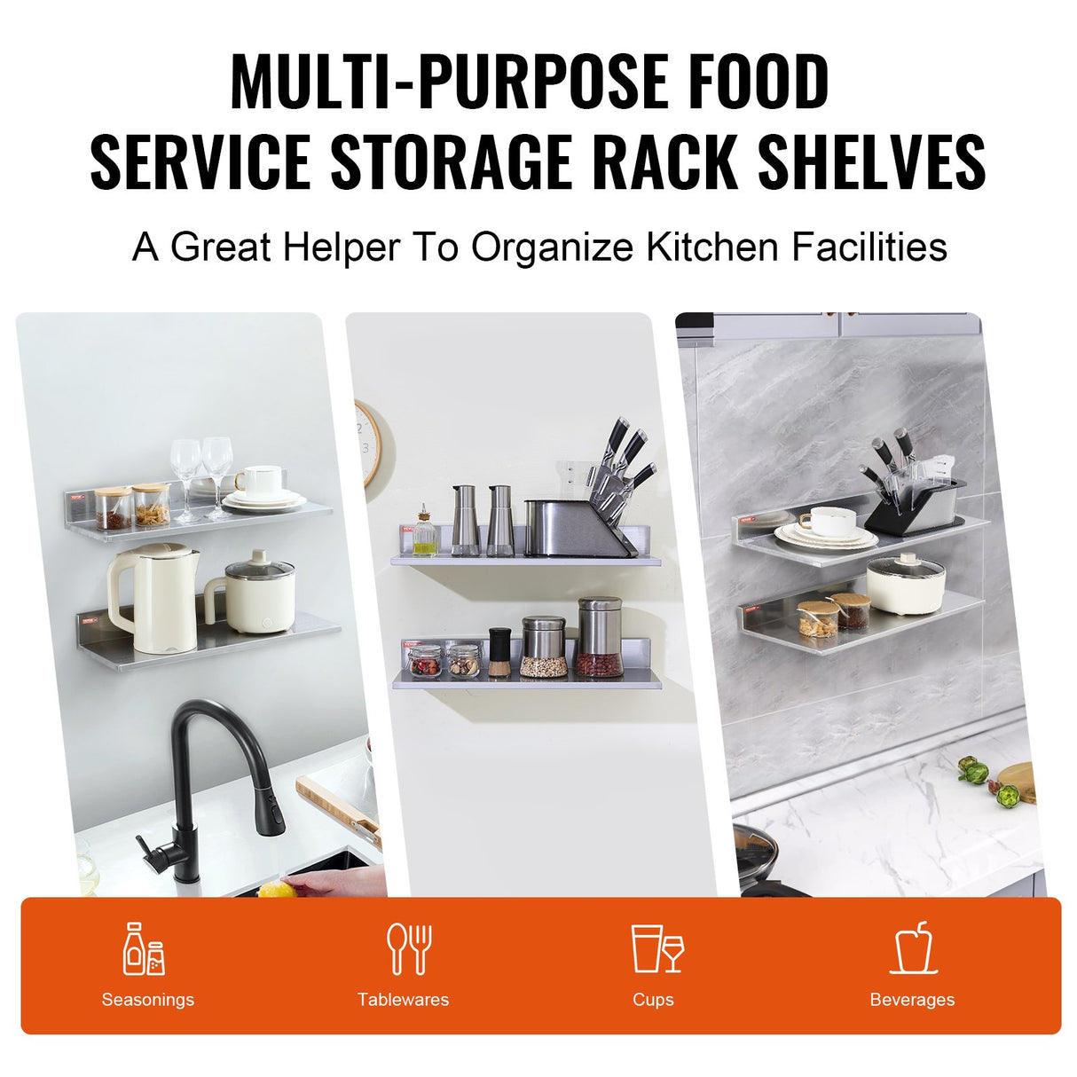 VEVOR 8.6" x 24" Stainless Steel Shelf, Wall Mounted Floating Shelving with Backsplash, 44 lbs Load Capacity Commercial Shelves, Heavy Duty Storage