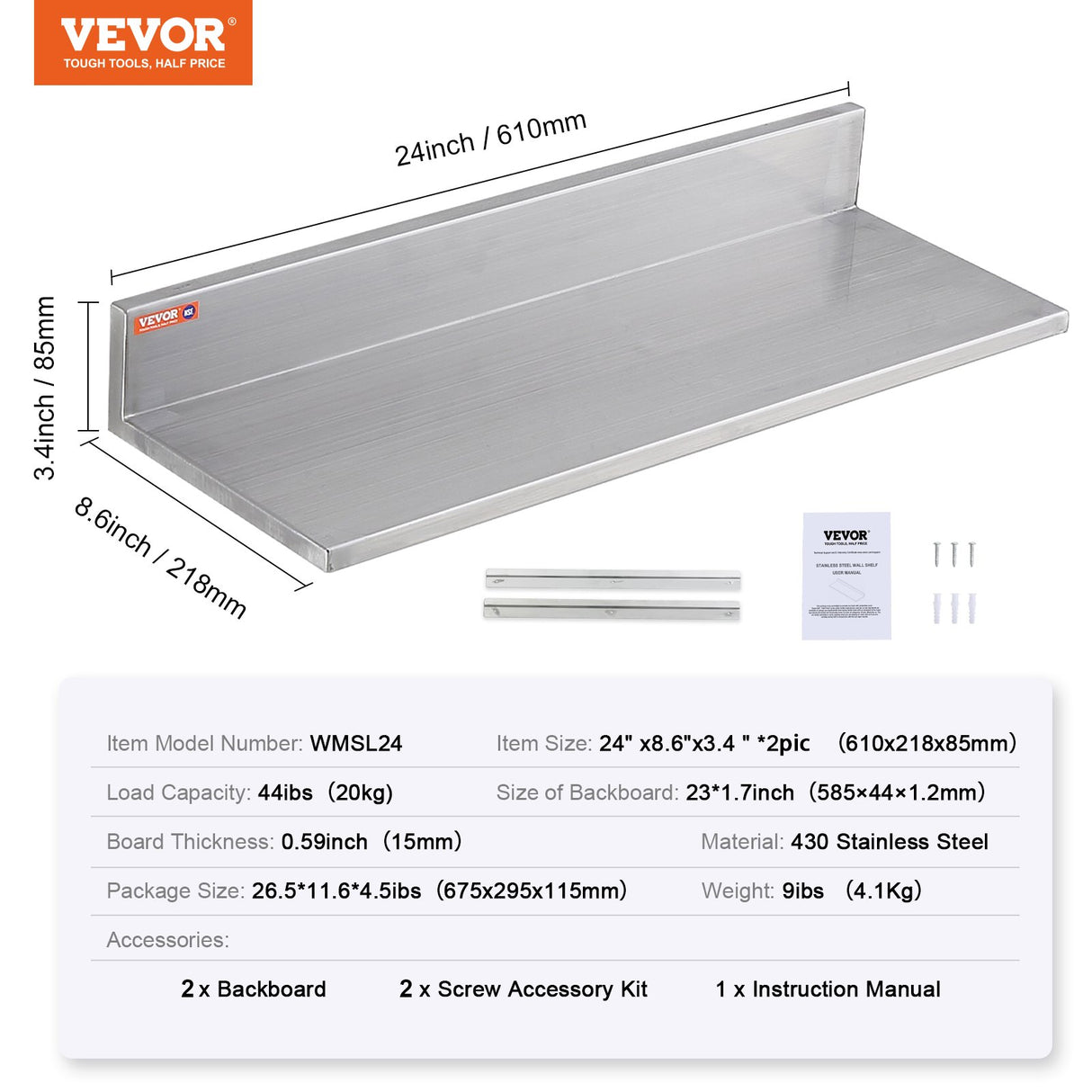 VEVOR 8.6" x 24" Stainless Steel Shelf, Wall Mounted Floating Shelving with Backsplash, 44 lbs Load Capacity Commercial Shelves, Heavy Duty Storage