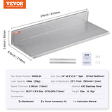 VEVOR 8.6" x 24" Stainless Steel Shelf, Wall Mounted Floating Shelving with Backsplash, 44 lbs Load Capacity Commercial Shelves, Heavy Duty Storage