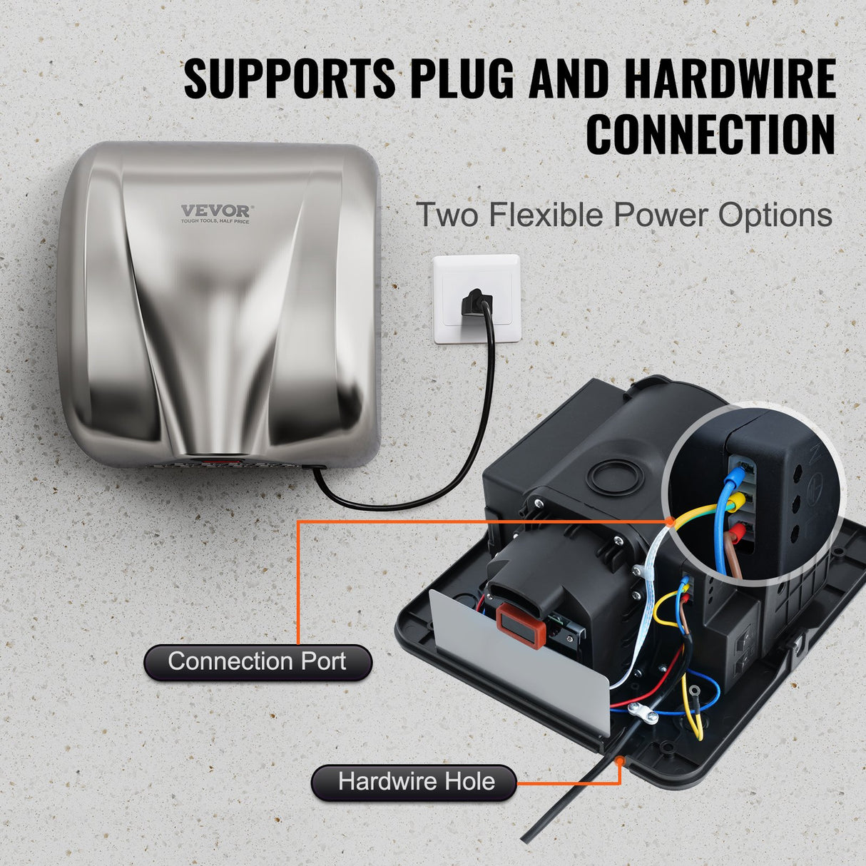 VEVOR Heavy Duty Commercial Hand Dryer, 1800W Automatic High Speed Stainless Steel Warm Wind Hand Blower, 220V-240V Plug In/Hardwired Two Power Options, Compliant for Industry Business Restrooms