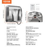 VEVOR Heavy Duty Commercial Hand Dryer, 1800W Automatic High Speed Stainless Steel Warm Wind Hand Blower, 220V-240V Plug In/Hardwired Two Power Options, Compliant for Industry Business Restrooms - Close-Up Angle