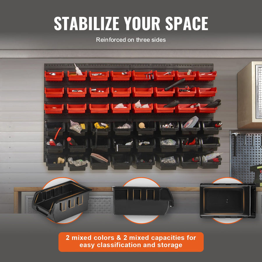 Wall Mounted Storage Bins, 48-Bin Parts Rack Organizer Garage Plastic Shop Tool with Wall Panels, Tool Organizer for Nuts, Bolts, Screws, Nails, Beads, Buttons, Other Small Parts, Black and Red