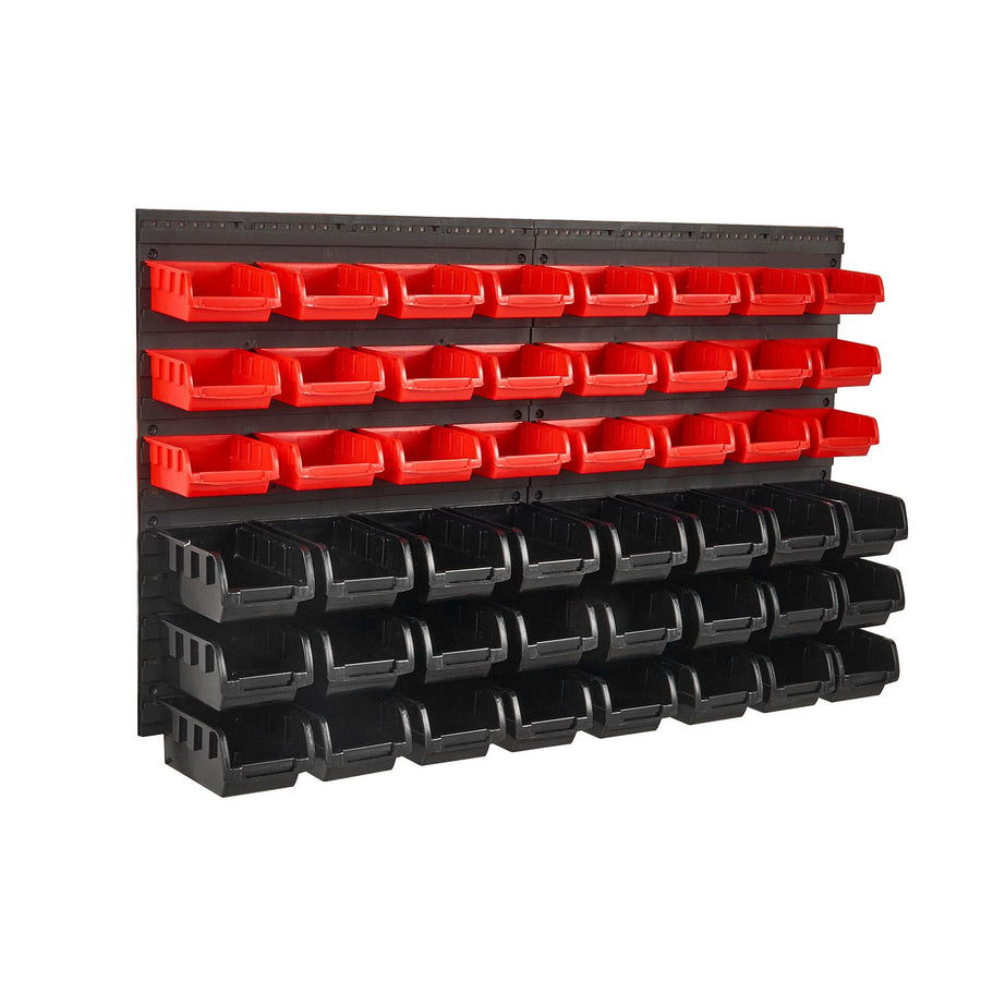 Wall Mounted Storage Bins, 48-Bin Parts Rack Organizer Garage Plastic Shop Tool with Wall Panels, Tool Organizer for Nuts, Bolts, Screws, Nails, Beads, Buttons, Other Small Parts, Black and Red