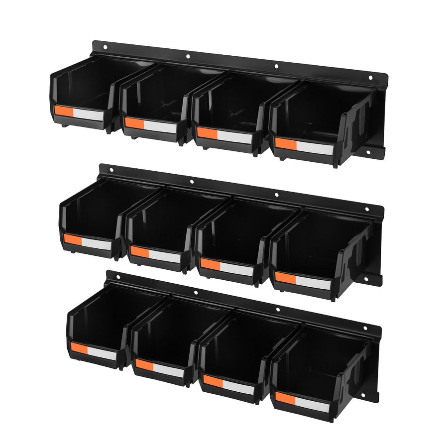 Wall Mounted Storage Bins, 12 Plastic Bins & 3 Metal Rails, Plastic Hanging Stackable Storage Bin for Screws, Nuts, Bolts, Nails, Hardware Tool Organizer for Workshop, Craft Room, Garage, Black