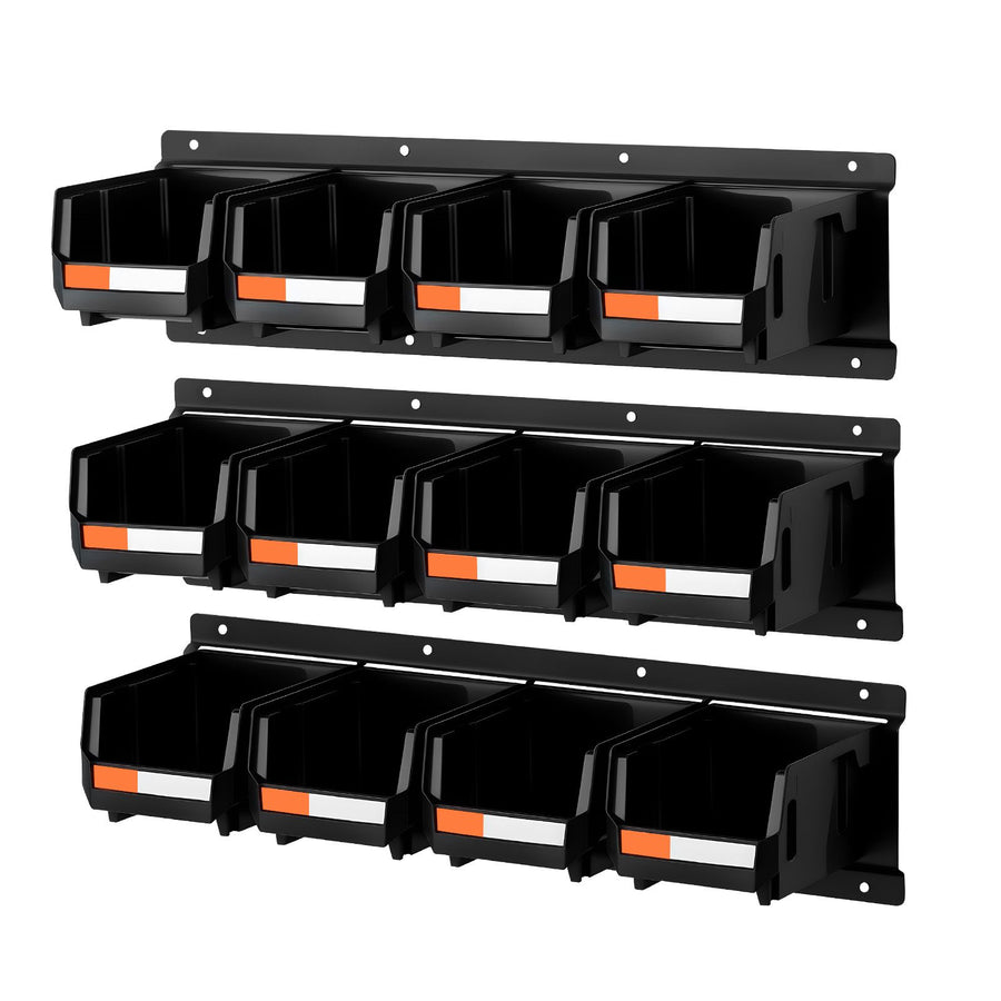 Wall Mounted Storage Bins, 12 Plastic Bins & 3 Metal Rails, Plastic Hanging Stackable Storage Bin for Screws, Nuts, Bolts, Nails, Hardware Tool Organizer for Workshop, Craft Room, Garage, Black