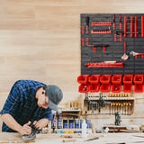 VEVOR Wall Mounted Storage Bins, 30-Bin Parts Rack Organizer Garage Plastic Shop Tool with Wall Panels/Tool Holders/Hooks, Tool Organizer for Nuts, Bolts, Screws, Nails, Beads, Buttons, Black and Red - Close-Up Angle