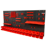 VEVOR Wall Mounted Storage Bins, 30-Bin Parts Rack Organizer Garage Plastic Shop Tool with Wall Panels/Tool Holders/Hooks, Tool Organizer for Nuts, Bolts, Screws, Nails, Beads, Buttons, Black and Red - Low Angle