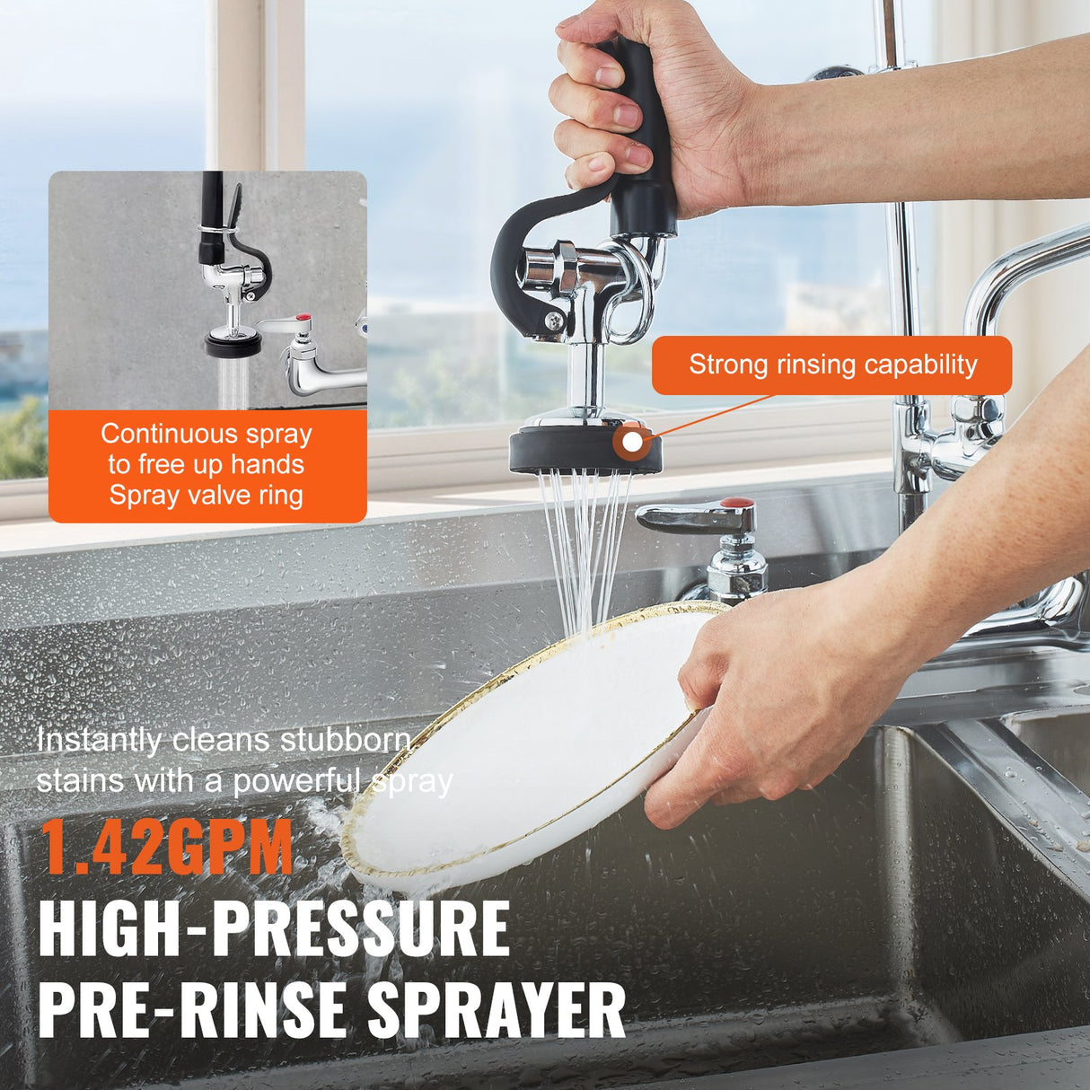 Commercial Faucet with Pre-Rinse Sprayer, 47" Height, 8" Center, 12" Swing Spout, Wall Mount Kitchen Sink Faucet, Brass Constructed Device with Pull Down Spray, for 1/2/3 Compartment Sink