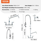Commercial Faucet with Pre-Rinse Sprayer, 47" Height, 8" Center, 12" Swing Spout, Wall Mount Kitchen Sink Faucet, Brass Constructed Device with Pull Down Spray, for 1/2/3 Compartment Sink