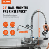Commercial Faucet with Pre-Rinse Sprayer, 21" Height, 8" Center, 12" Swing Spout, Wall Mount Kitchen Sink Faucet, Brass Constructed Device with Pull Down Spray, for 1/2/3 Compartment Sink