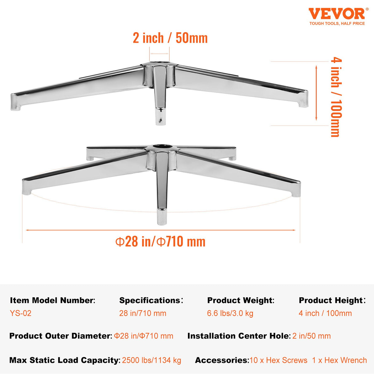 Office Chair Base Replacement, 710 mm 1134 kg Static Load Capacity, Heavy Duty Universal Computer Desk Chair Stool Base Part with Reinforced Metal Legs, Desk Chair Base Replacement Parts, Silver